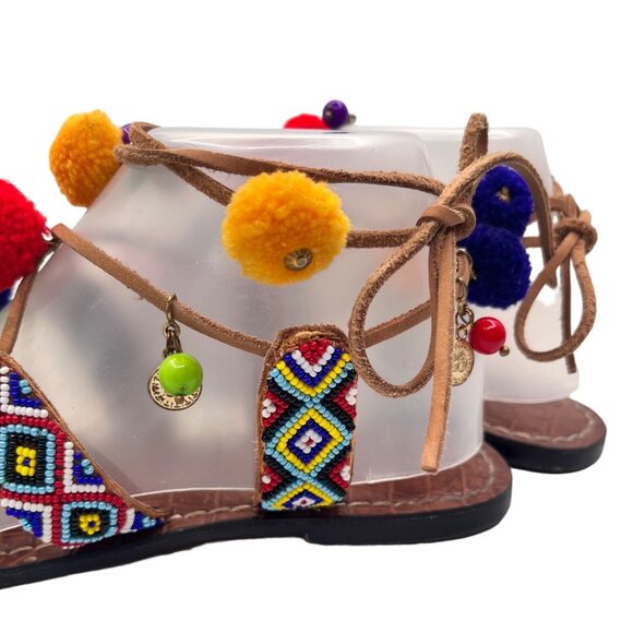 SIZE 7.5 Sam Edelman Lisabeth Beaded Charm Pom Boho Hippie Leather Sandals - Picture 6 of 12